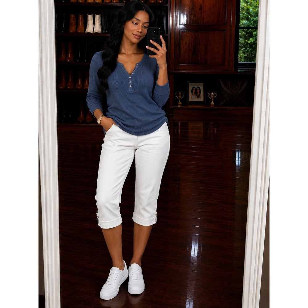 Hannah Womens White Denim Capri Pants Embroidered Flap Pocket Size 12